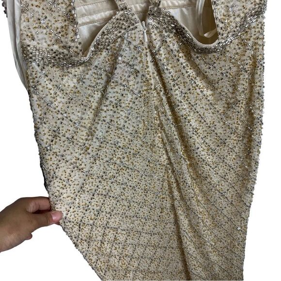 MAC DUGGAL Dress WMNS 8 Nude Lattice Open‎ Back Beaded Maxi Gown Train Sexy - Picture 11 of 13